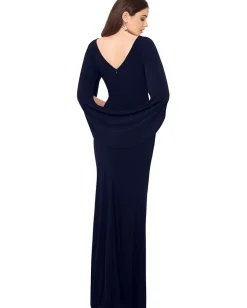 Betsy & Adam Dresses|Dresses<Long Jersey Ruched Drape Back Dress Navy