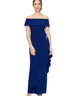 Alex Evenings Dresses|Dresses<Long Off-the-Shoulder Dress With Fold-Over Cuff, Embellishment Detail at Hip and Cascade Ruffle Skirt Dark Royal