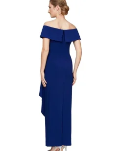 Alex Evenings Dresses|Dresses<Long Off-the-Shoulder Dress With Fold-Over Cuff, Embellishment Detail at Hip and Cascade Ruffle Skirt Dark Royal