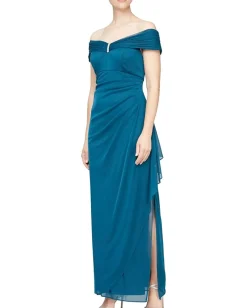 Dresses|Dresses|Alex Evenings Long Off-the-Shoulder Mesh Dress with Embellished Neckline Peacock