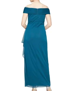 Dresses|Dresses|Alex Evenings Long Off-the-Shoulder Mesh Dress with Embellished Neckline Peacock