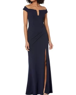 XSCAPE Dresses|Dresses<Long Off-the-Shoulder Scuba Crepe U-Front Dress Navy