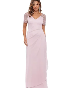 XSCAPE Long Sheer Matte Jersey Beaded Flutter Sleeve Rose Sale