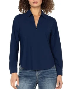 Women Liverpool Los Angeles Long Sleeve Collared Zip Front Knit Shirt