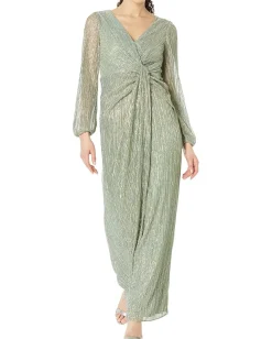Adrianna Papell Dresses|Dresses<Long Sleeve Crinkle Metallic Gown with Draped Waist Detail Green Slate