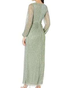 Adrianna Papell Dresses|Dresses<Long Sleeve Crinkle Metallic Gown with Draped Waist Detail Green Slate