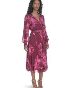 Women Calvin Klein Long Sleeve Faux Wrap V-Neck Midi