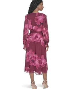 Women Calvin Klein Long Sleeve Faux Wrap V-Neck Midi