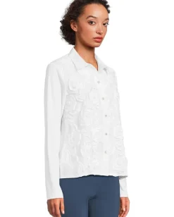 Elliott Lauren Long Sleeve Knit And Woven Combo Shirt With Rosette Detail White Online