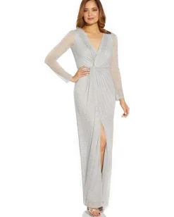 Dresses|Dresses|Adrianna Papell Long Sleeve Metallic Mesh Long Mother-of-the-Bride Gown Coastal Fog