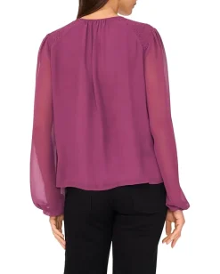 Vince Camuto Long Sleeve Ruched Shoulder Tie Neck Blouse Sweet Plum Outlet