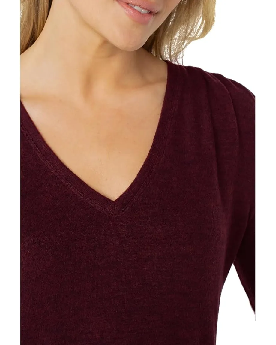 Women Liverpool Los Angeles Long Sleeve V-Neck Knit Top W/ Shirring