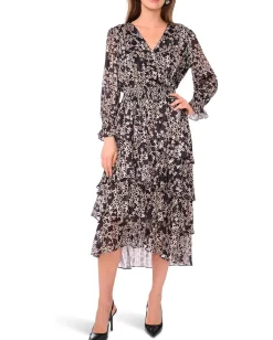 Dresses|Dresses|Vince Camuto Long Sleeved V-Neck Maxi with Tiered Skirt Rich Black