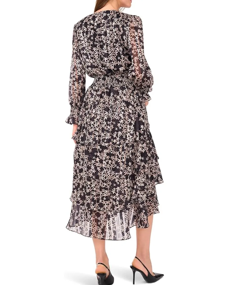 Dresses|Dresses|Vince Camuto Long Sleeved V-Neck Maxi with Tiered Skirt Rich Black