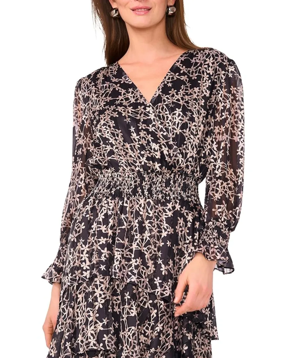 Dresses|Dresses|Vince Camuto Long Sleeved V-Neck Maxi with Tiered Skirt Rich Black