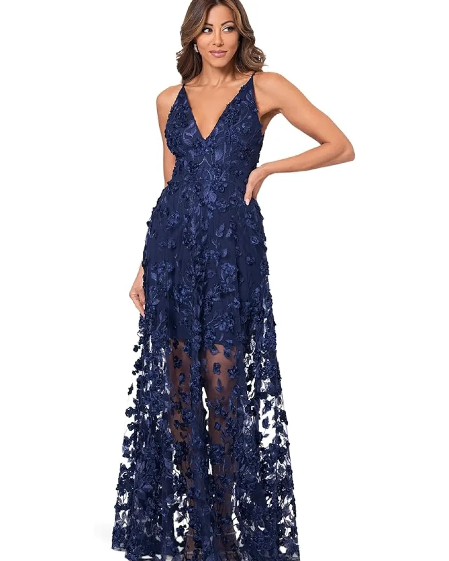 XSCAPE Dresses|Dresses<Long Soutache Mesh V Neck Navy