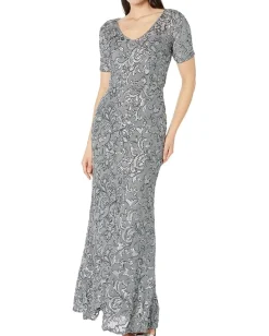 Alex Evenings Dresses|Dresses<Long V-Neck Dress with Short Sleeve Gunmetal