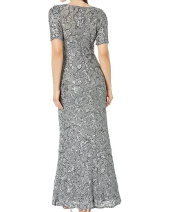 Alex Evenings Dresses|Dresses<Long V-Neck Dress with Short Sleeve Gunmetal