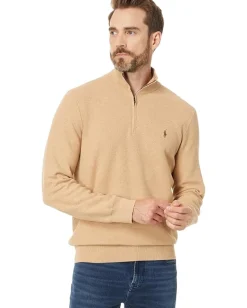 Polo Ralph Lauren Mesh-Knit Cotton 1/4 Zip Sweater Camel Melange