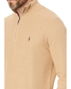 Polo Ralph Lauren Mesh-Knit Cotton 1/4 Zip Sweater Camel Melange