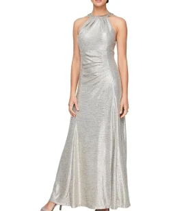 Alex Evenings Metallic Knit Long Halter Neck Dress with Ruched Waist Champagne Best