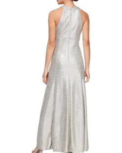 Alex Evenings Metallic Knit Long Halter Neck Dress with Ruched Waist Champagne Best