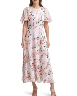 Women Calvin Klein Midi Chiffon Dress with Flutter Sleeves