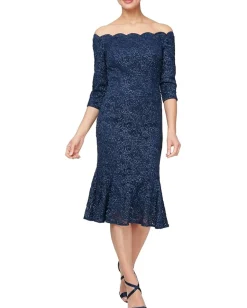 Alex Evenings Dresses|Dresses<Midi Length off the Shoulder Dress Navy