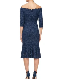 Alex Evenings Dresses|Dresses<Midi Length off the Shoulder Dress Navy