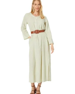 Mod-o-doc Mini Stripe Gauze Roll-Up Sleeve Henley Stripe Dress Sage Hot