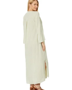 Mod-o-doc Mini Stripe Gauze Roll-Up Sleeve Henley Stripe Dress Sage Hot