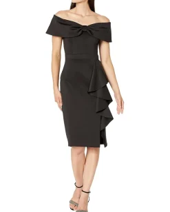 XSCAPE Dresses|Dresses<Off-the-Shoulder Bow Short Scuba with Ruffle Black