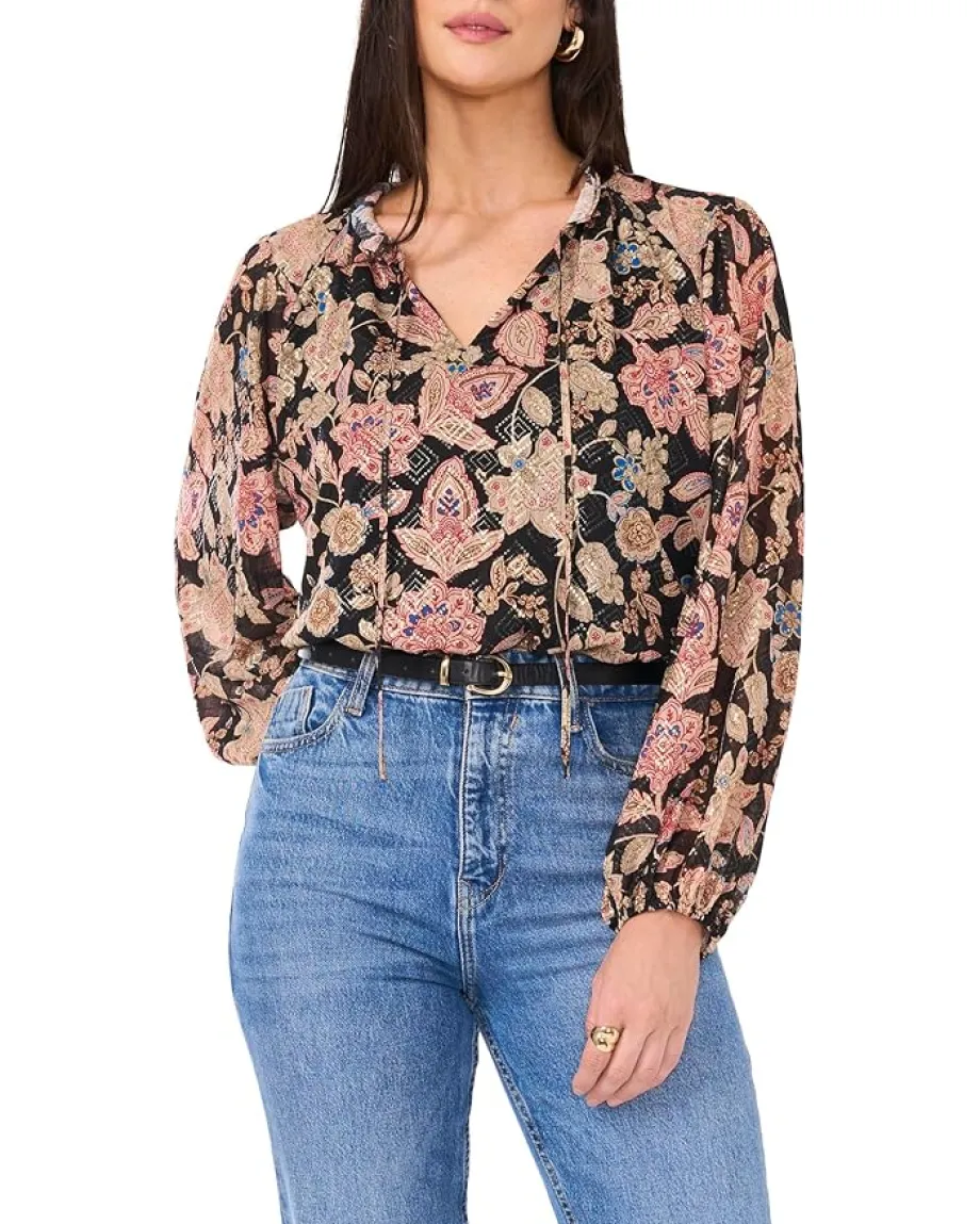 Women Vince Camuto Peasant Split Neck Long Sleeve Blouse With Ties