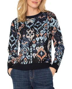 Women Liverpool Los Angeles Petite Long Sleeve Crew Neck Dropped Shoulder Jacquard Sweater