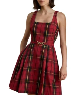 Dresses|Dresses|Lauren Ralph Lauren Plaid Belted Taffeta Cocktail Dress Black/Red