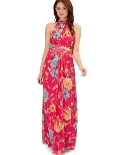 Adrianna Papell Dresses|Dresses<Printed Chiffon Mock Neck Halter Long Gown Pink Multi