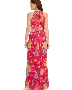 Adrianna Papell Dresses|Dresses<Printed Chiffon Mock Neck Halter Long Gown Pink Multi