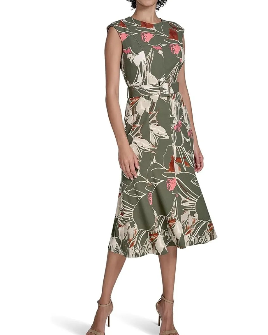 Women Calvin Klein Printed Scuba Crepe Belted Midi