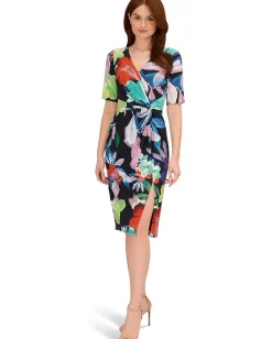 Women Adrianna Papell Printed Stretch Crepe Chiffon Short Sleeve Side Wrap Dress