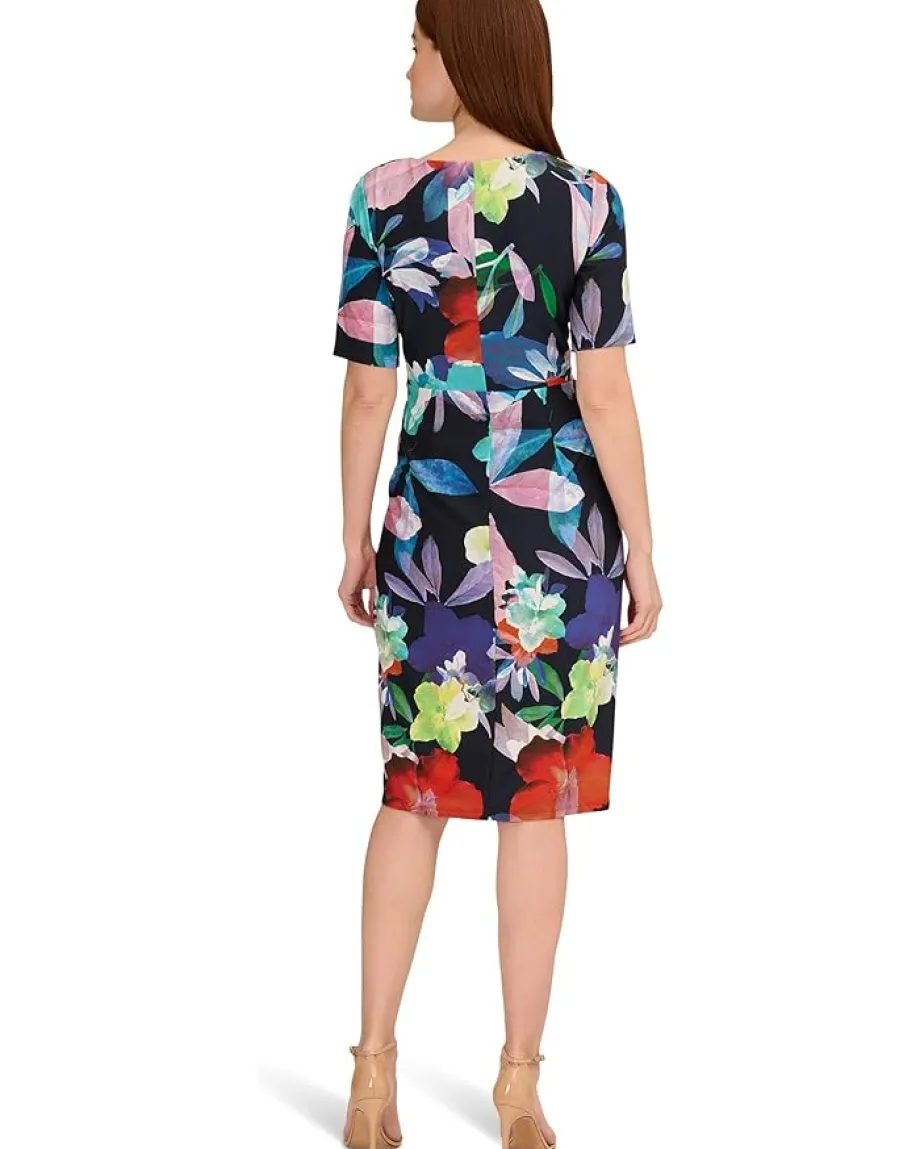 Women Adrianna Papell Printed Stretch Crepe Chiffon Short Sleeve Side Wrap Dress