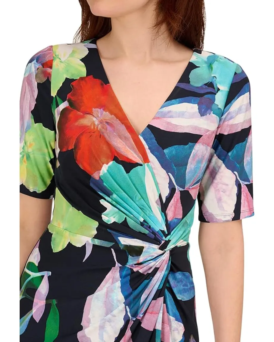 Women Adrianna Papell Printed Stretch Crepe Chiffon Short Sleeve Side Wrap Dress