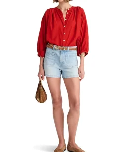 Women Madewell Shirred Crewneck Button-Up Top