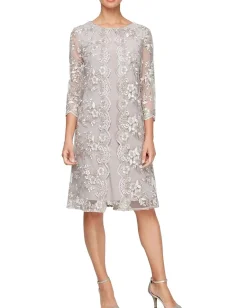 Alex Evenings Dresses|Dresses<Short Embroidered Mock Dress with Illusion Sleeves Taupe
