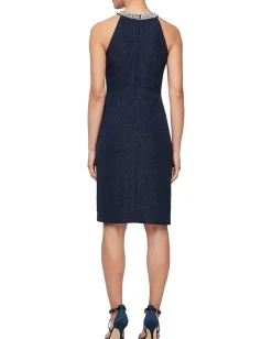 Dresses|Dresses|Alex Evenings Short Metallic Knit Dress with Beaded Neckline Dark Dark Navy