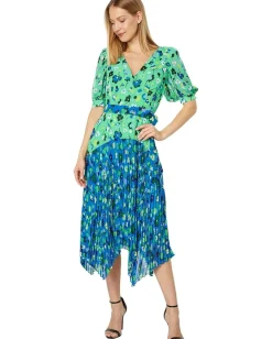 Women Maggy London Short Puff Sleeve with Belt At Waist and Pleated High-Low Skirt