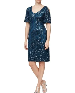 Alex Evenings Short V Neckline Sheath Dress with Cold-Shoulder Flutter Sleeves Deep Ocean Sale