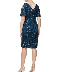 Alex Evenings Short V Neckline Sheath Dress with Cold-Shoulder Flutter Sleeves Deep Ocean Sale