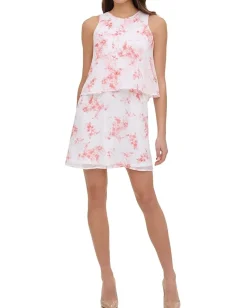 Tommy Hilfiger Sleeveless Crescent Floral Double Layer Chiffon Dress Ivory Multi Online