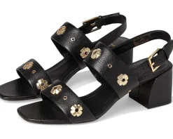 Heels|Sandals|Kate Spade New York Spade Flower Stud Pebbled Leather Block Heel Sandals Black
