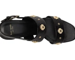 Heels|Sandals|Kate Spade New York Spade Flower Stud Pebbled Leather Block Heel Sandals Black
